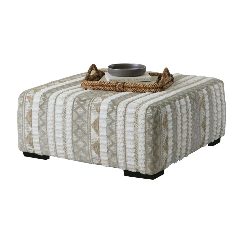 Phan Ottoman, Plush Ivory Chenille, Elegant Lined Pattern, 41 Inch -BM328060