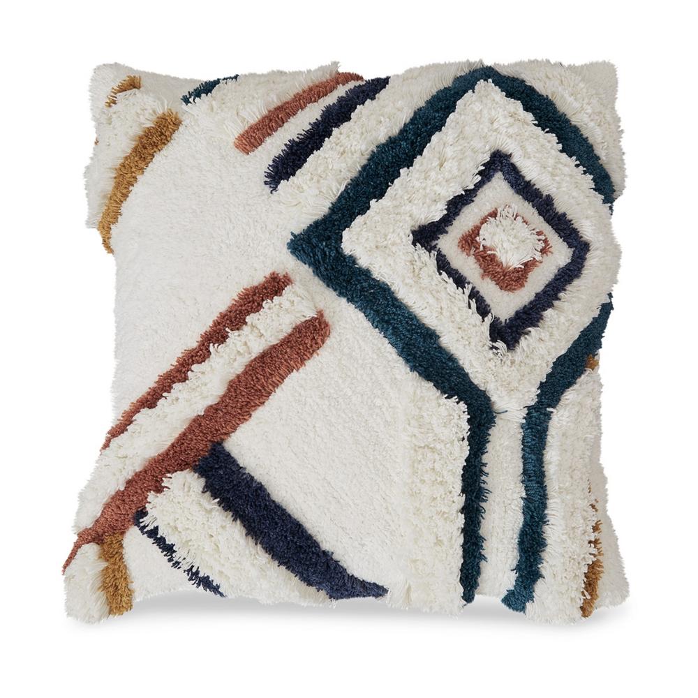 Square Accent Throw Pillow, 20 Inch, Handwoven Abstract Design, White