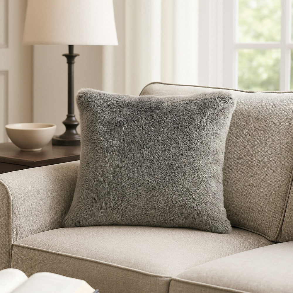 Dift Square Accent Throw Pillow, 20 Inch, Dark Gray Faux Rabbit Fur -BM328073