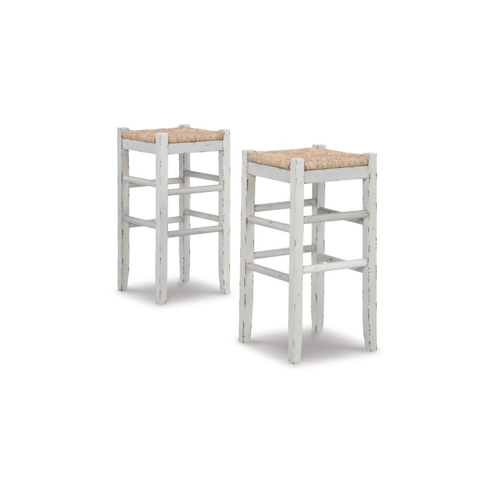 Anya Bar Height Stool Set of 2, Brown Woven Seat, 30 Inch Rustic White