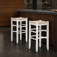 Anya Bar Height Stool Set of 2, Brown Woven Seat, 30 Inch Rustic White -BM328101