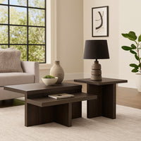 Zeny 2pc Coffee and Side Table Set, Geometric Cross Base, Dark Brown  -BM328132