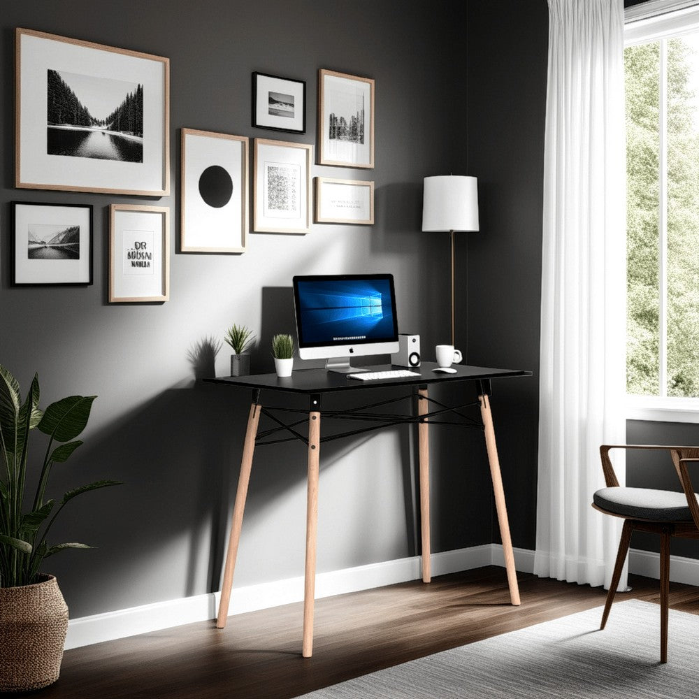 Laara Home Office Desk, Black, Brown Wood, Metal Leg Braces, 36 Inch -BM328147