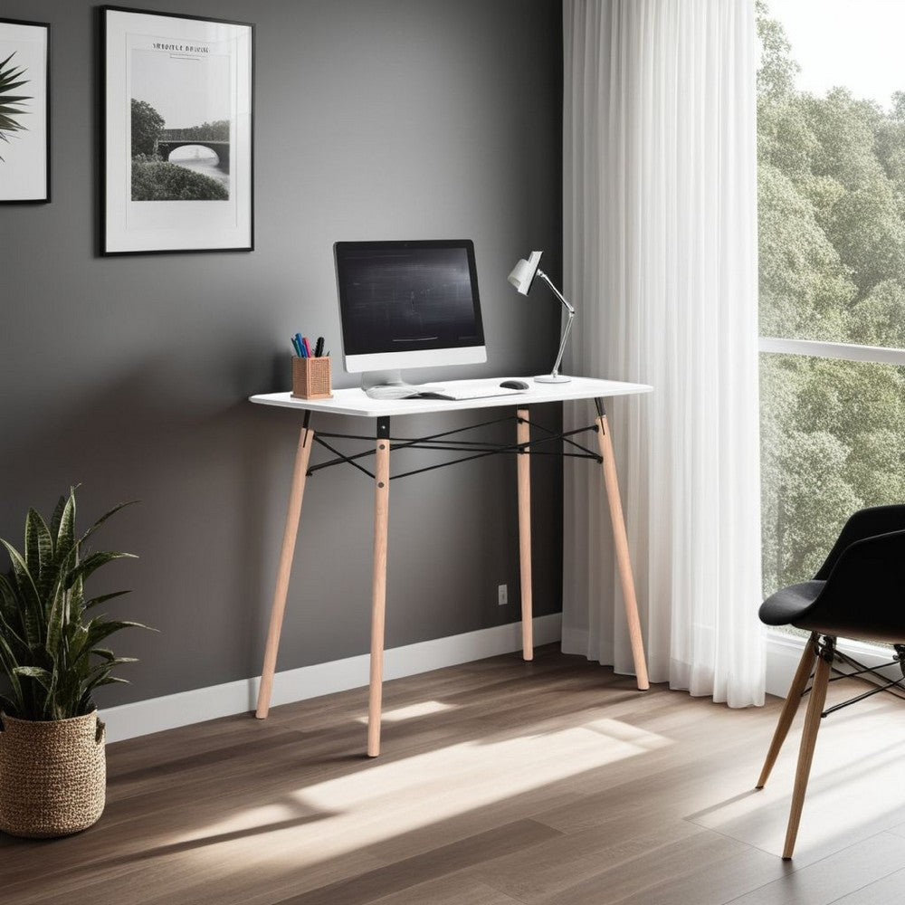 Laara Home Office Desk, White, Brown Wood, Metal Leg Braces, 36 Inch -BM328148