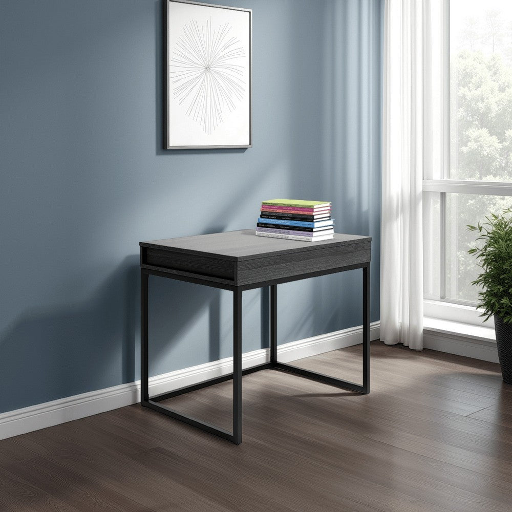 Yasmin Home Office Lift Top Desk, Dark Gray Wood, Black Metal, 36 Inch -BM328156