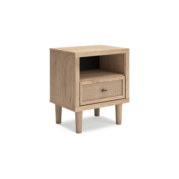 Ciel Nightstand w USB LED, Faux Linen Laminate, Cane Drawer, Oak Brown