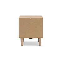 Ciel Nightstand w USB LED, Faux Linen Laminate, Cane Drawer, Oak Brown -BM328159
