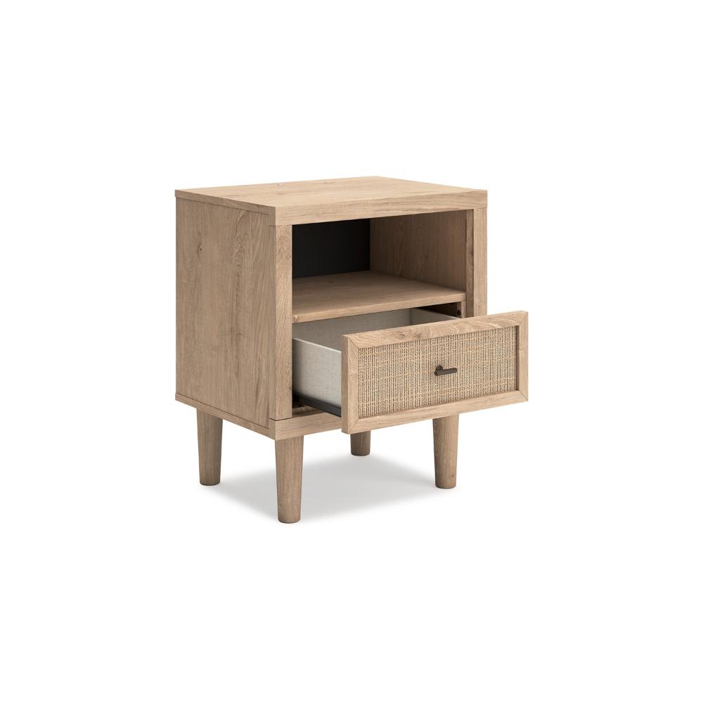 Ciel Nightstand w USB LED, Faux Linen Laminate, Cane Drawer, Oak Brown -BM328159