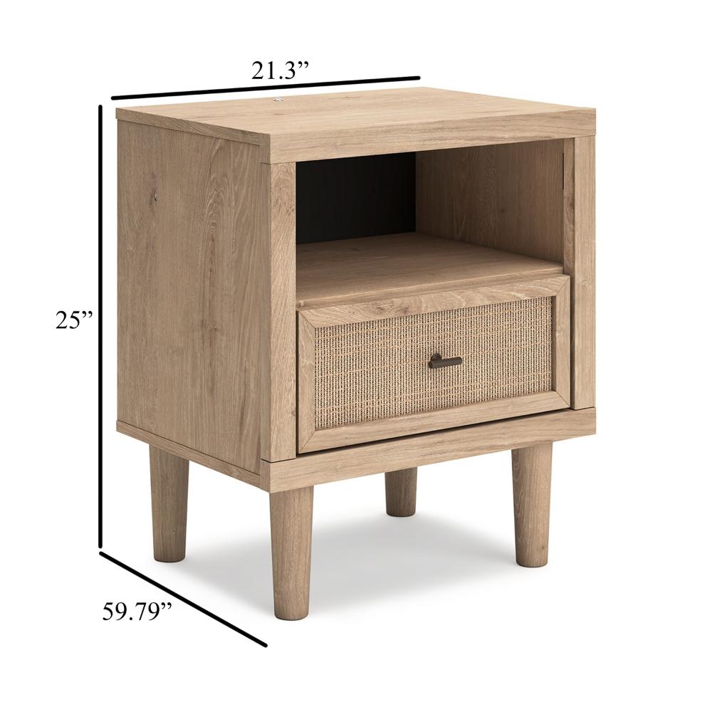 Ciel Nightstand w USB LED, Faux Linen Laminate, Cane Drawer, Oak Brown -BM328159