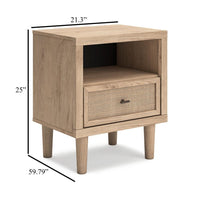 Ciel Nightstand w USB LED, Faux Linen Laminate, Cane Drawer, Oak Brown -BM328159