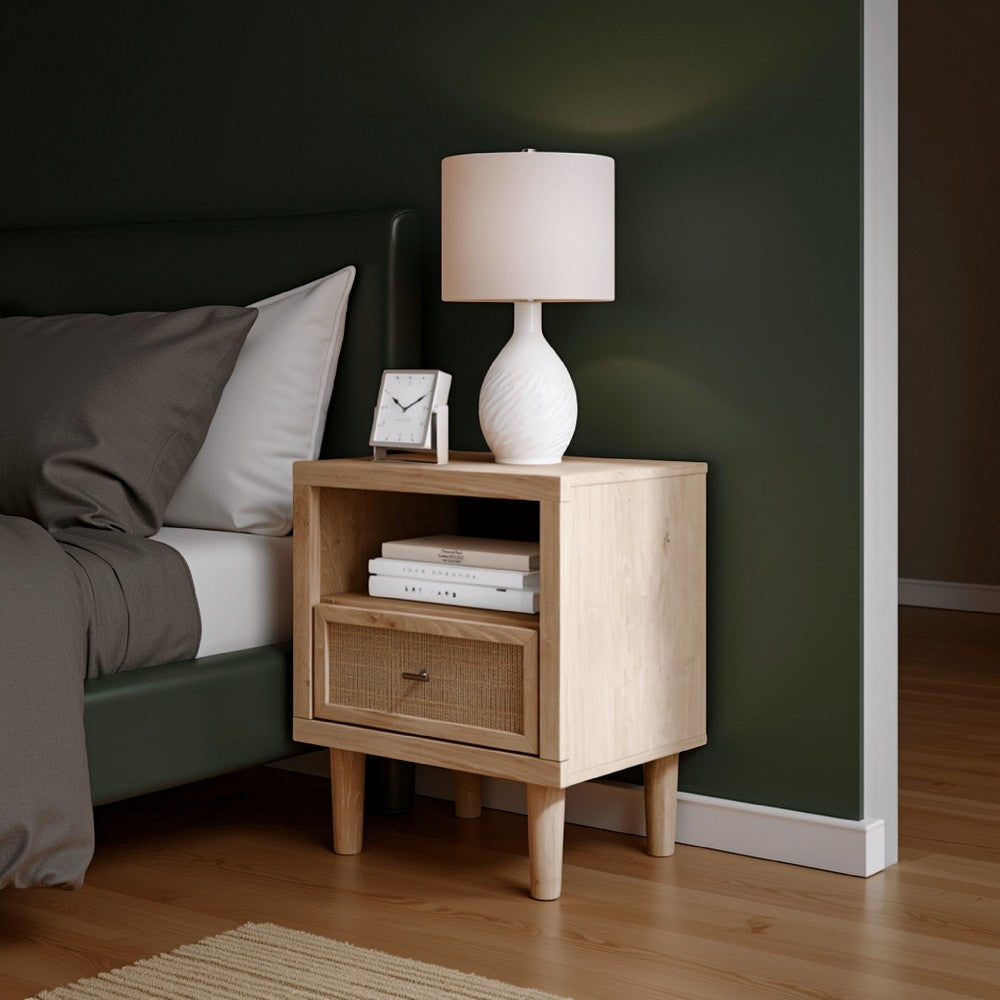 Ciel Nightstand w USB LED, Faux Linen Laminate, Cane Drawer, Oak Brown -BM328159