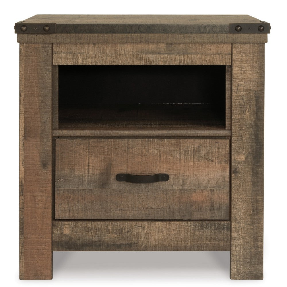 Zoey Nightstand w Drawer and Shelf, USB, Rustic Brown Plank Details -BM328168
