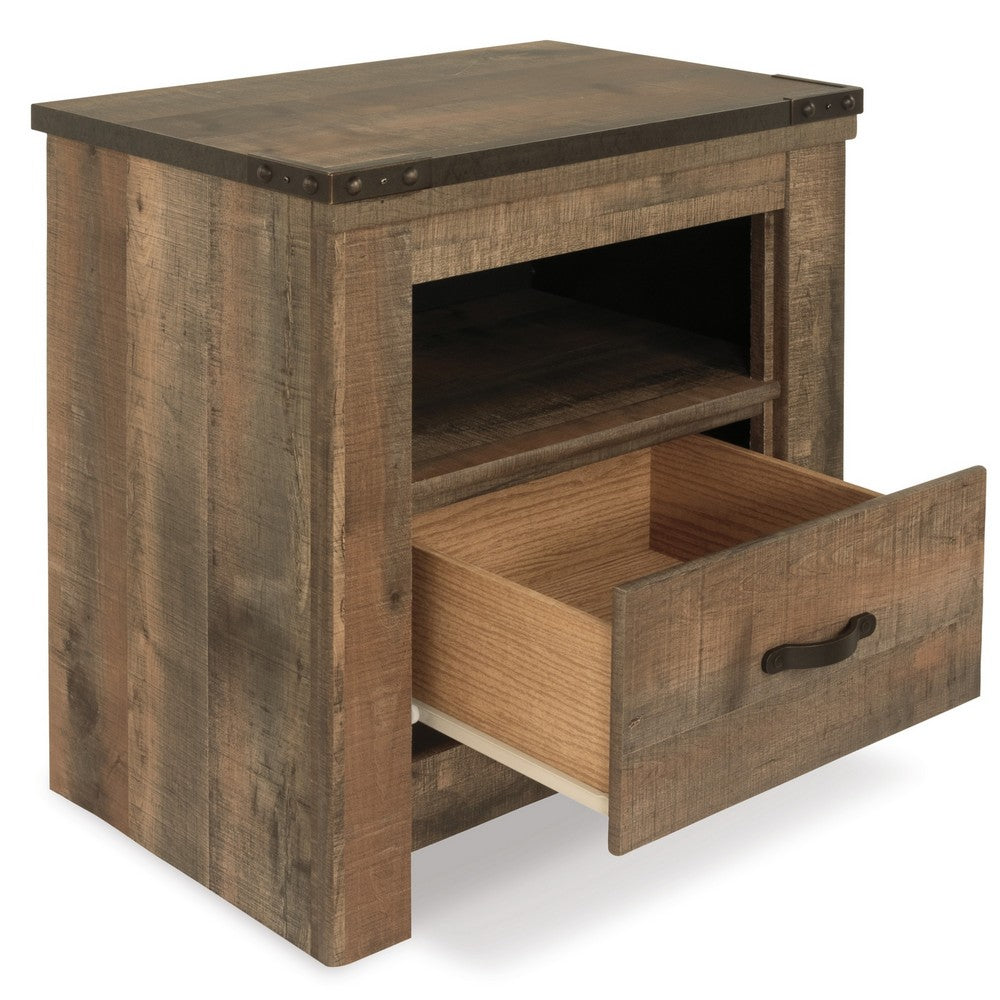 Zoey Nightstand w Drawer and Shelf, USB, Rustic Brown Plank Details -BM328168