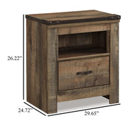 Zoey Nightstand w Drawer and Shelf, USB, Rustic Brown Plank Details -BM328168