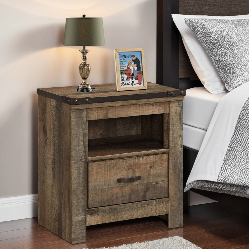 Zoey Nightstand w Drawer and Shelf, USB, Rustic Brown Plank Details -BM328168