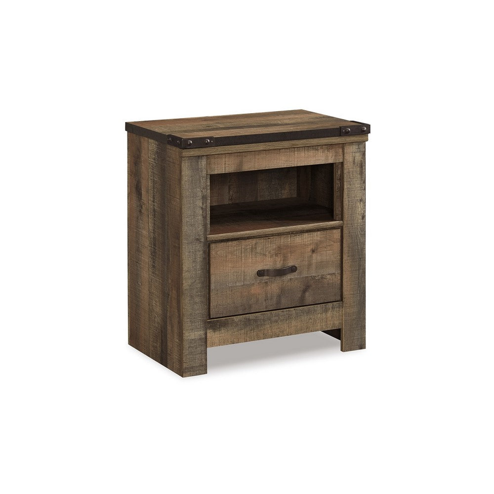 Zoey Nightstand w Drawer and Shelf, USB, Rustic Brown Plank Details -BM328168