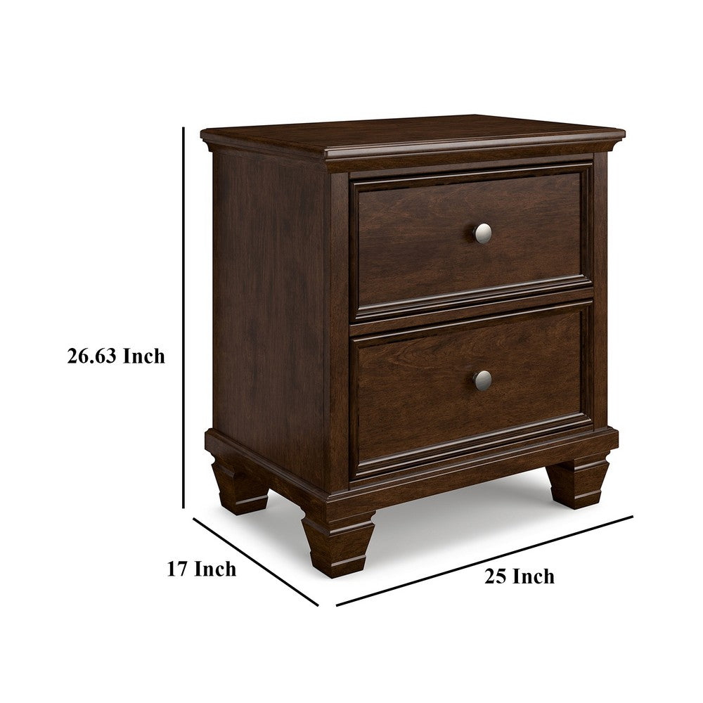 Reno Nightstand, 2 Drawers, Nickel Round Knobs, Rich Brown Solid Wood -BM328175