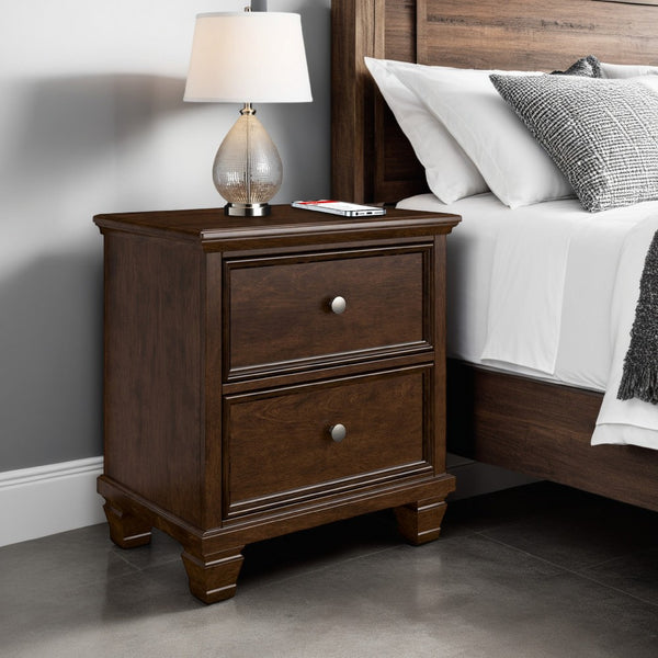 Reno Nightstand, 2 Drawers, Nickel Round Knobs, Rich Brown Solid Wood -BM328175