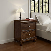 Reno Nightstand, 2 Drawers, Nickel Round Knobs, Rich Brown Solid Wood -BM328175