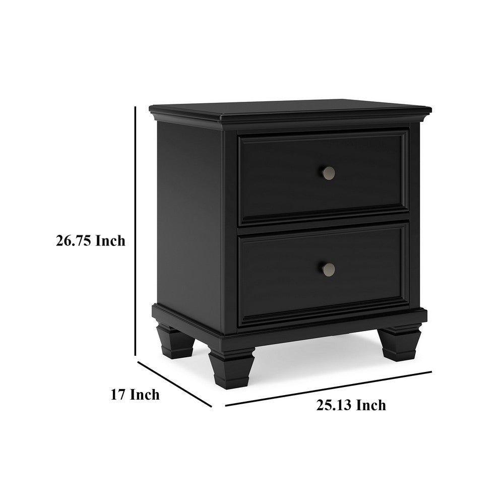 Lemo Nightstand, 2 Wide Drawers, Nickel Round Knobs, Black Solid Wood -BM328178