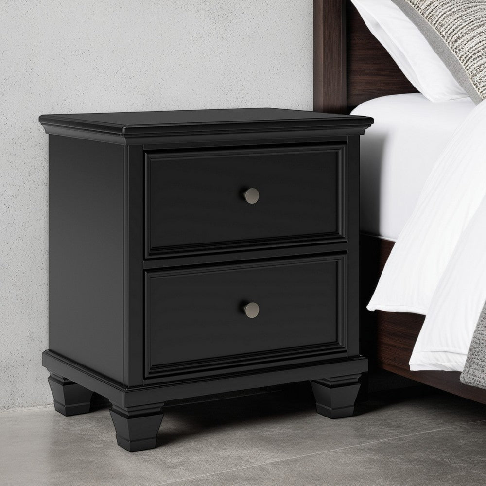 Lemo Nightstand, 2 Wide Drawers, Nickel Round Knobs, Black Solid Wood -BM328178