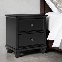 Lemo Nightstand, 2 Wide Drawers, Nickel Round Knobs, Black Solid Wood -BM328178