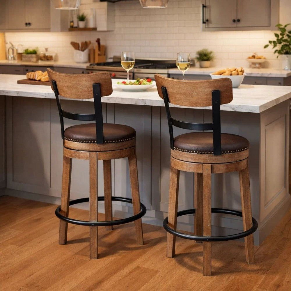 Pine Swivel Counter Height Stool Chair, 24 Inch, Brown Faux Leather  -BM328189