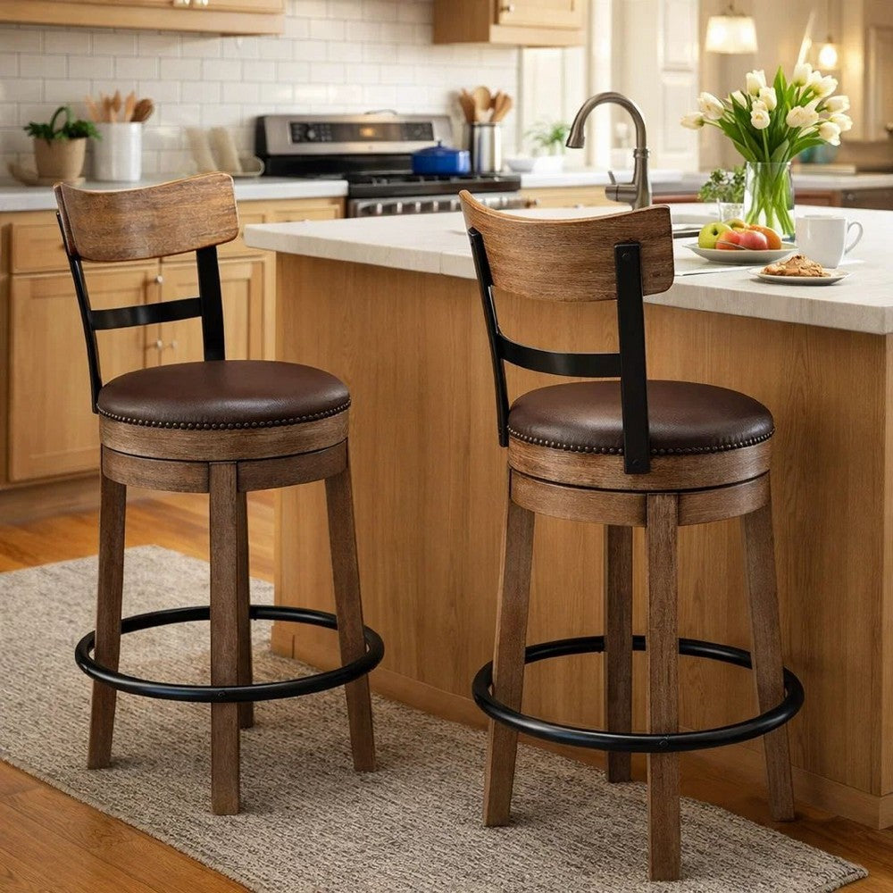 Pine Swivel Counter Height Stool Chair, 24 Inch, Brown Faux Leather  -BM328189