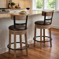 Pine Swivel Counter Height Stool Chair, 24 Inch, Brown Faux Leather  -BM328189