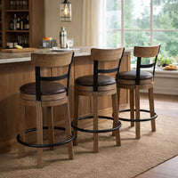 Pine Swivel Counter Height Stool Chair, 24 Inch, Brown Faux Leather  -BM328189