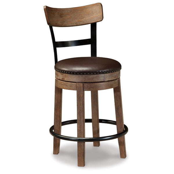 Pine Swivel Counter Height Stool Chair, 24 Inch, Brown Faux Leather 