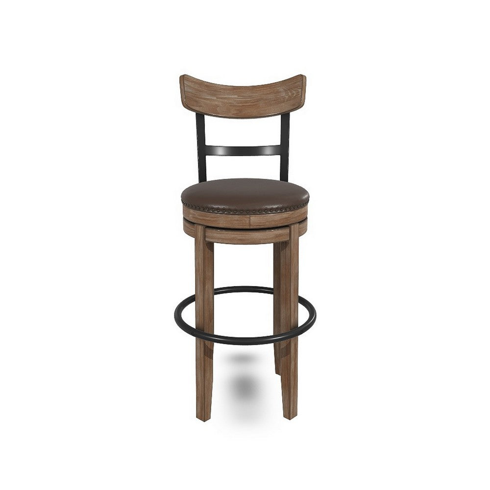 Pine Swivel Barstool Chair, 31 Inch, Industrial Brown Faux Leather -BM328190