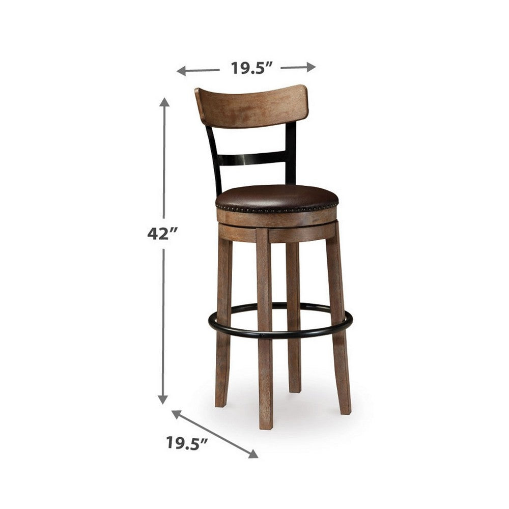 Pine Swivel Barstool Chair, 31 Inch, Industrial Brown Faux Leather -BM328190