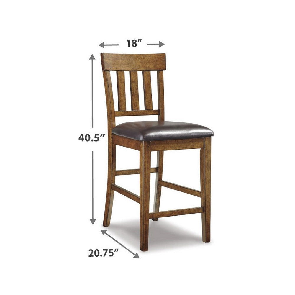 Raly Counter Height Chair Set of 2, Brown Faux Leather, Slatted Back -BM328208