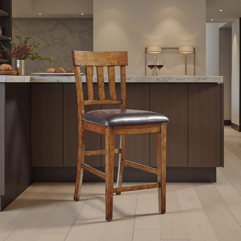 Raly Counter Height Chair Set of 2, Brown Faux Leather, Slatted Back -BM328208