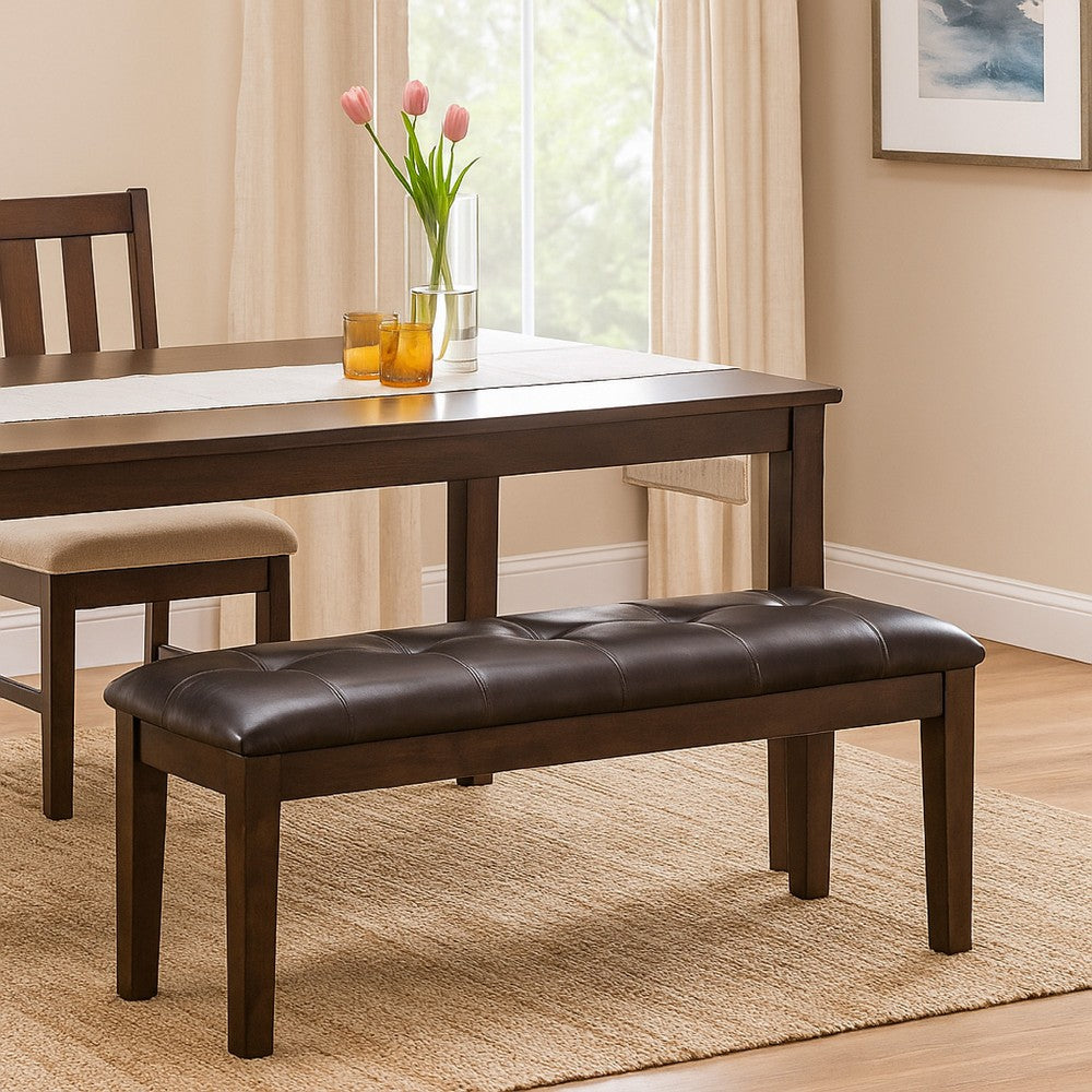 Hado Dining Bench, 49 Inch, Tufted Faux Leather Seat, Dark Brown -BM328212