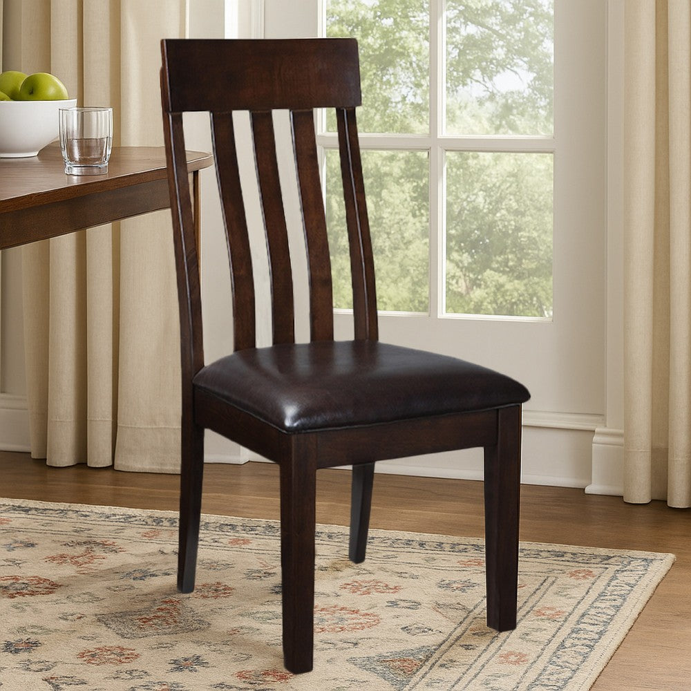 Hado Dining Chair Set of 2, Dark Brown Faux Leather Seat, Slatted Back -BM328213