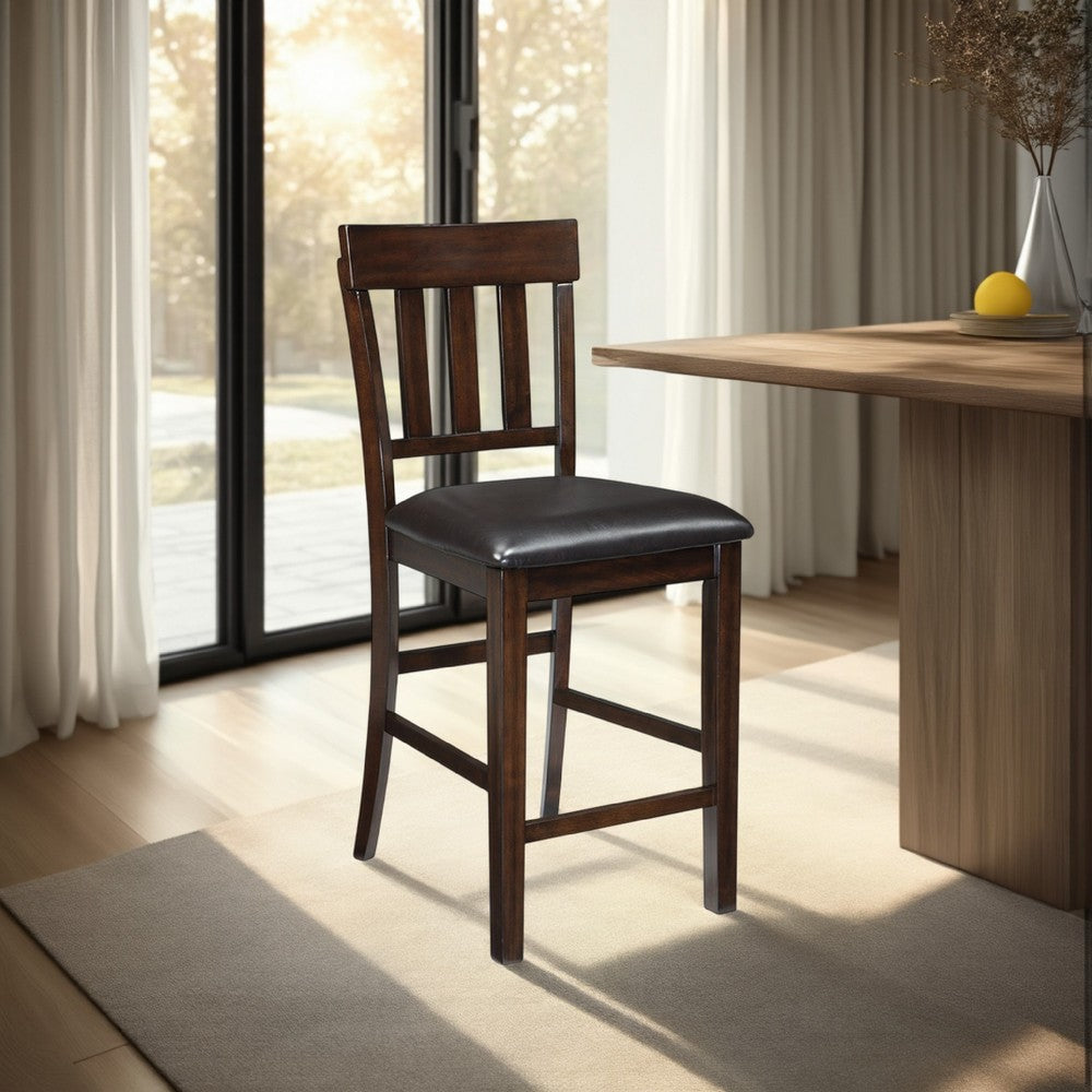 Hado Counter Height Chair Set of 2, Brown Faux Leather, Slatted Back -BM328214