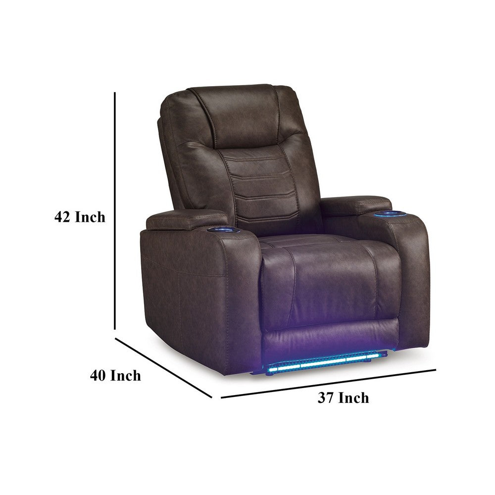 Scon Power Recliner Chair, 37 Inch, LED Light, Brown Faux Leather -BM328223