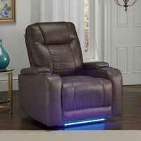 Scon Power Recliner Chair, 37 Inch, LED Light, Brown Faux Leather -BM328223