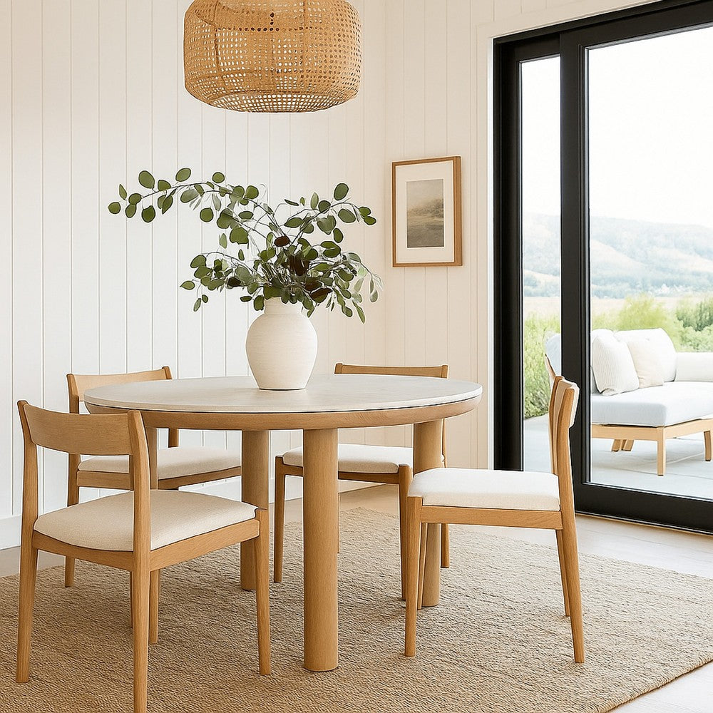 Awdyn Dining Table, 45 Inch Round White Marble Top, Brown Wood Legs -BM328251