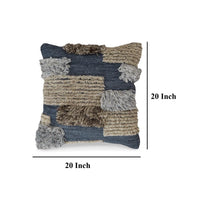 Square Accent Throw Pillow, 20 Inch Hand Knotted Patchwork, Gray Wool -BM328263