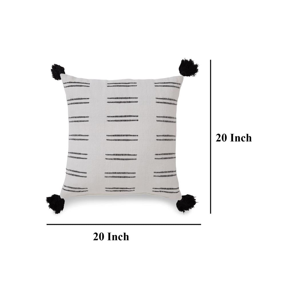 Square Accent Throw Pillow, 20 Inch Dobby Woven White Cotton, Tassels -BM328265