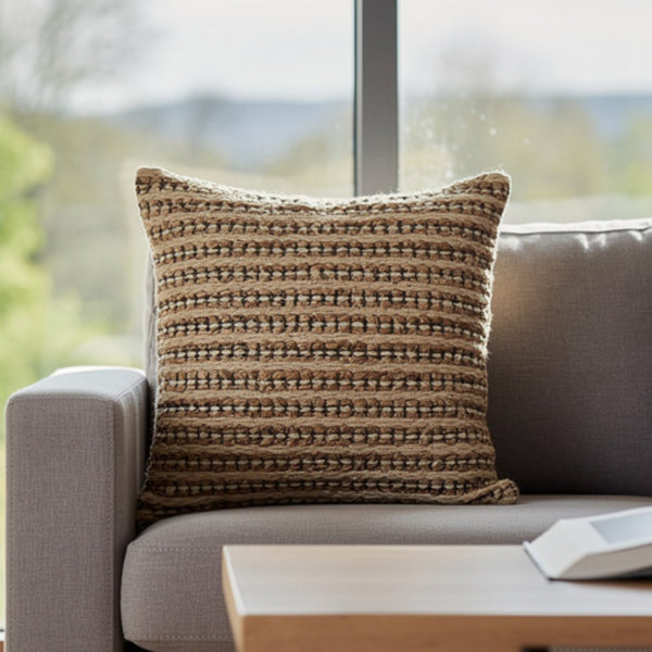 Square Accent Throw Pillow, 20 Inch, Handwoven Stripes on Brown Wool -BM328266