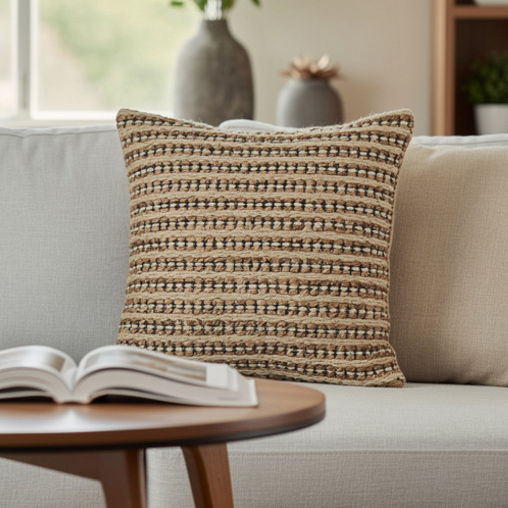 Square Accent Throw Pillow, 20 Inch, Handwoven Stripes on Brown Wool -BM328266