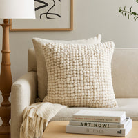 Avy Square Accent Throw Pillow, 20 Inch Plush Looped Ivory White Wool -BM328270