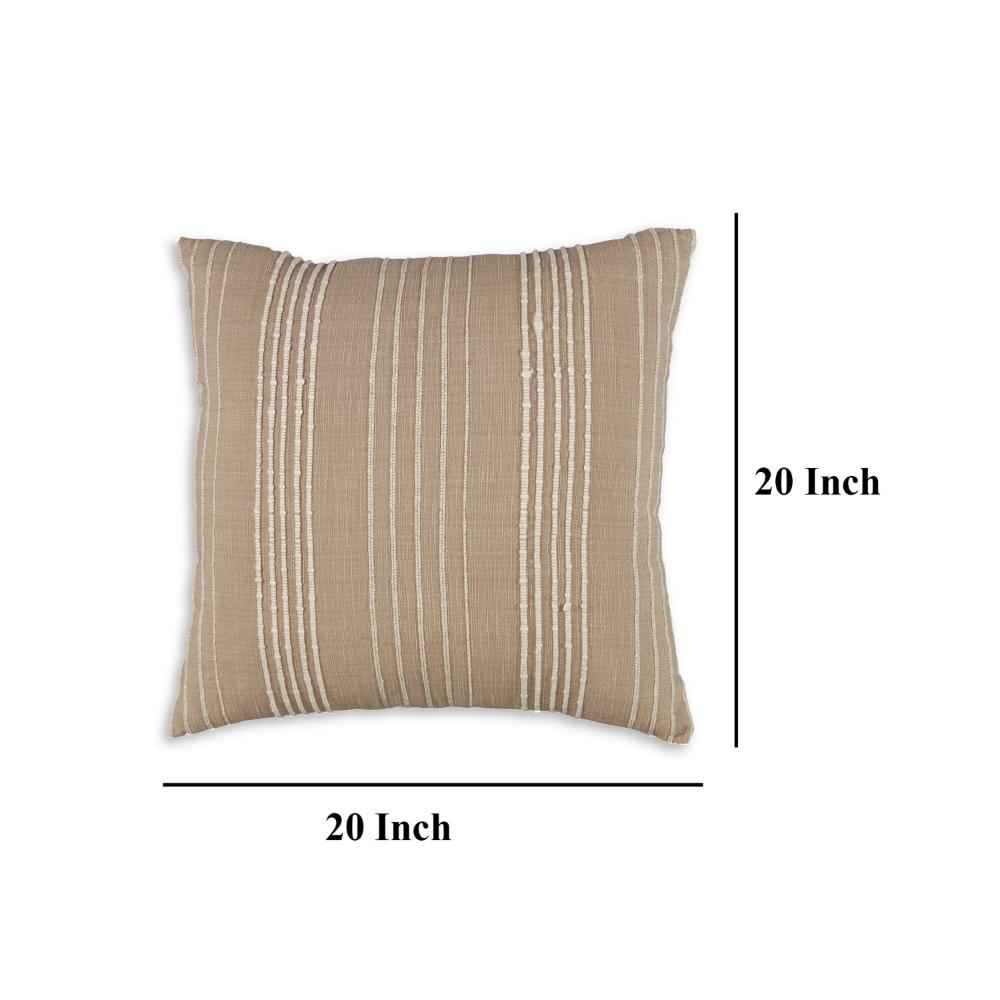 Square Accent Throw Pillow, 20 Inch, Striped Cotton, White, Tan Brown -BM328272