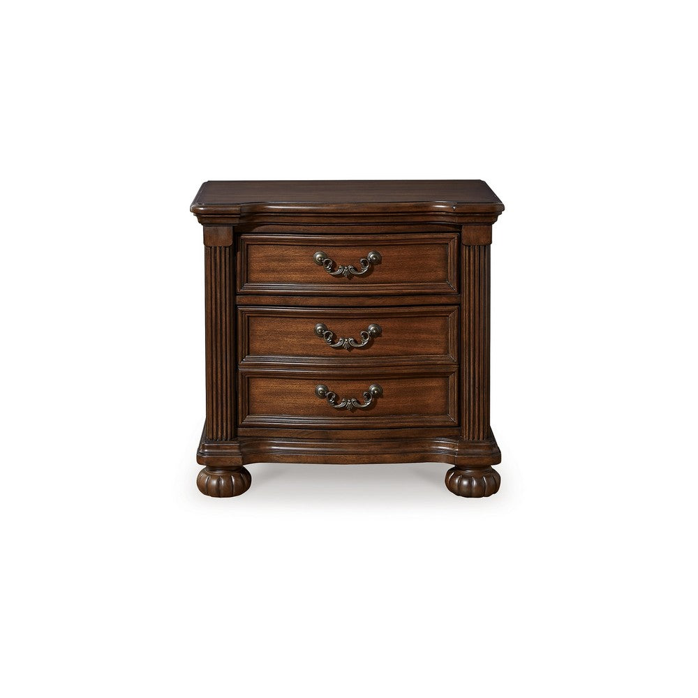 Laon Nightstand, 3 Drawer, Bronze, 29 Inch Cherry Brown Solid Hardwood -BM328275