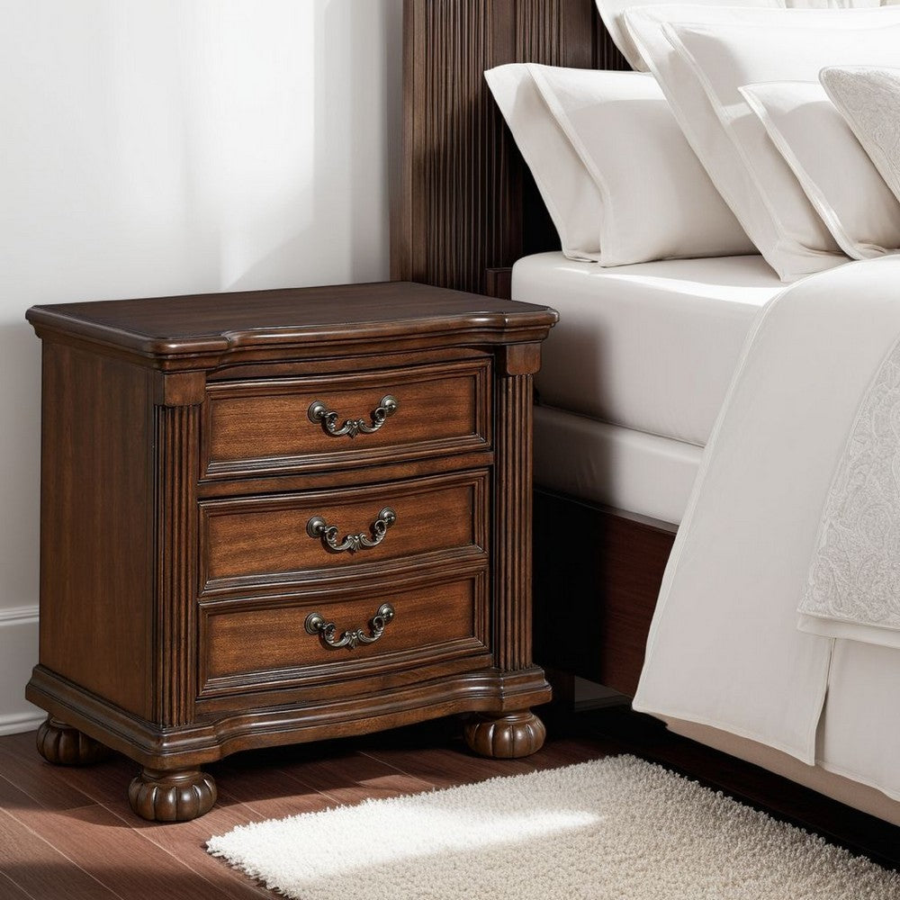 Laon Nightstand, 3 Drawer, Bronze, 29 Inch Cherry Brown Solid Hardwood -BM328275