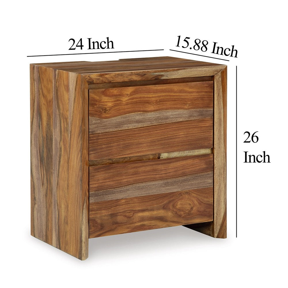Donni Nightstand with 2 Drawer, Brown Sheesham Wood Finish, 24 Inch -BM328278